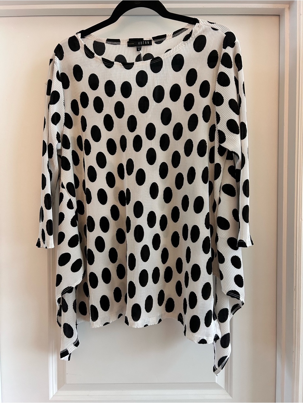 Kozan Polka Dot Tunic Top Asymmetrical Hem Black White Lagenlook crinkle